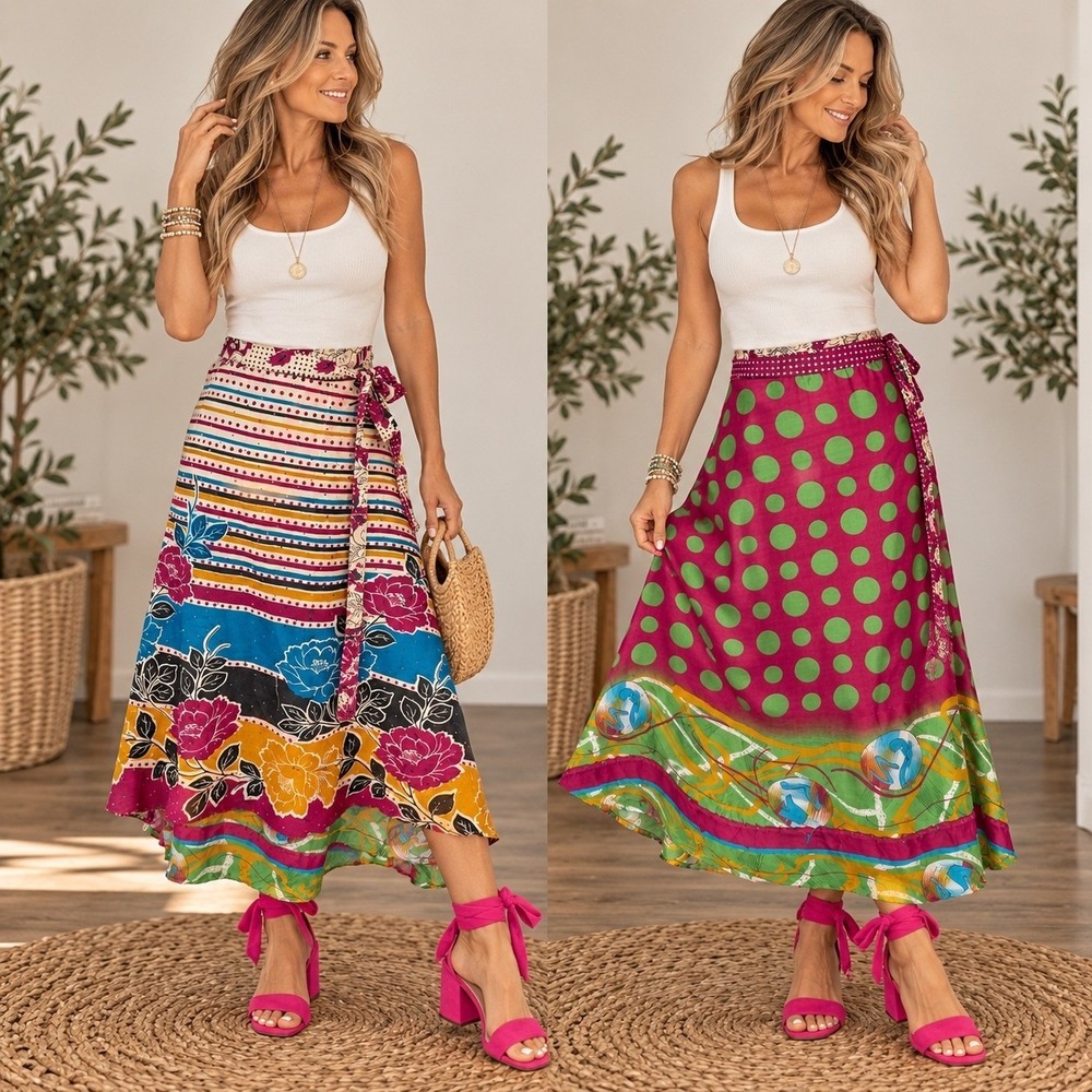 Reversible Wrap Maxi Skirt OS Multicolored Silk Blend Polka Dot Floral Sequin